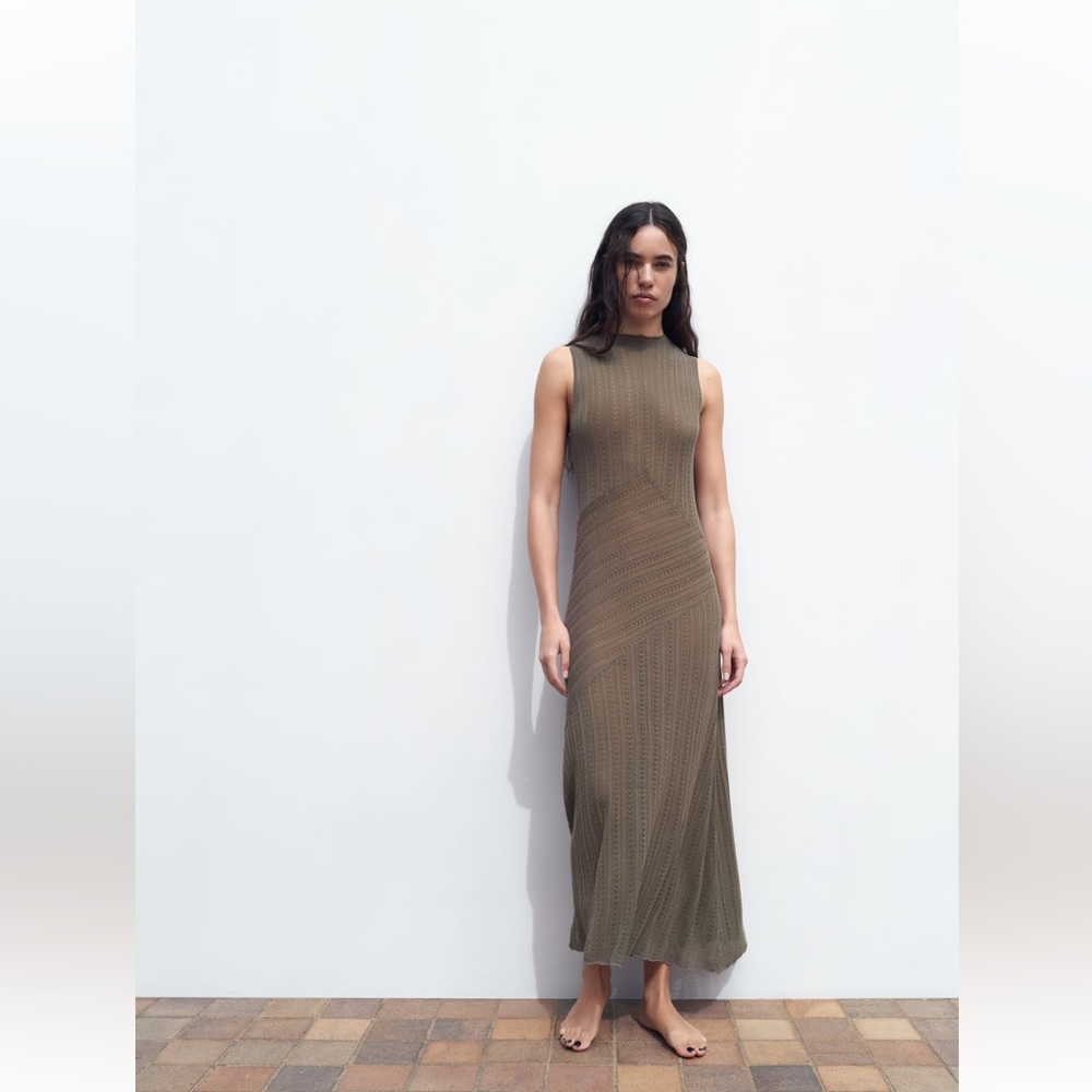 Zara POINTELLE KNIT LONG DRESS. Gray. Size S. New with Tags.
